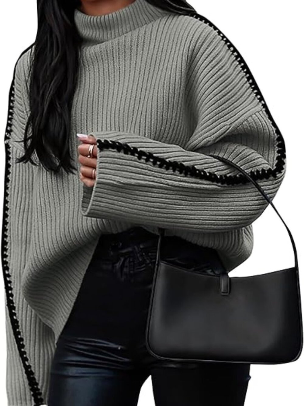 Mock Neck Long Sleeve Ribbed Knit Contrast Stitching Oversized Chunky Sweater Pu